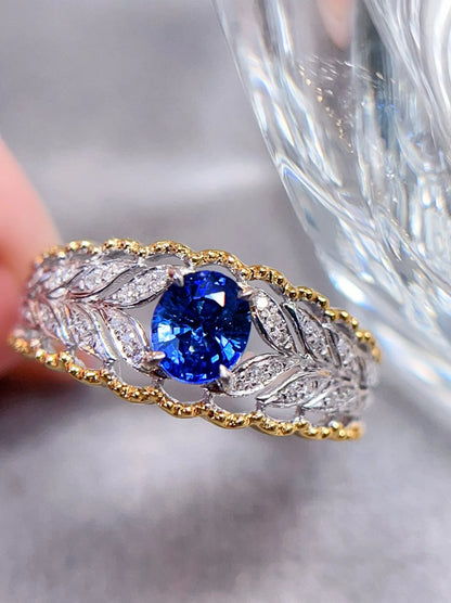 Ring 18K Gold 0.6ct Cornflower Blue Sapphire Gemstones Diamonds Female's