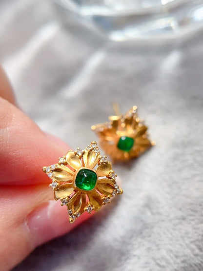 Earrings 18K Gold 0.33ct Green Emerald Gemstones Stud Female's Holiday