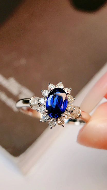 Ring 18K Gold 0.70ct Blue Sapphire Gemstones Diamonds Female's