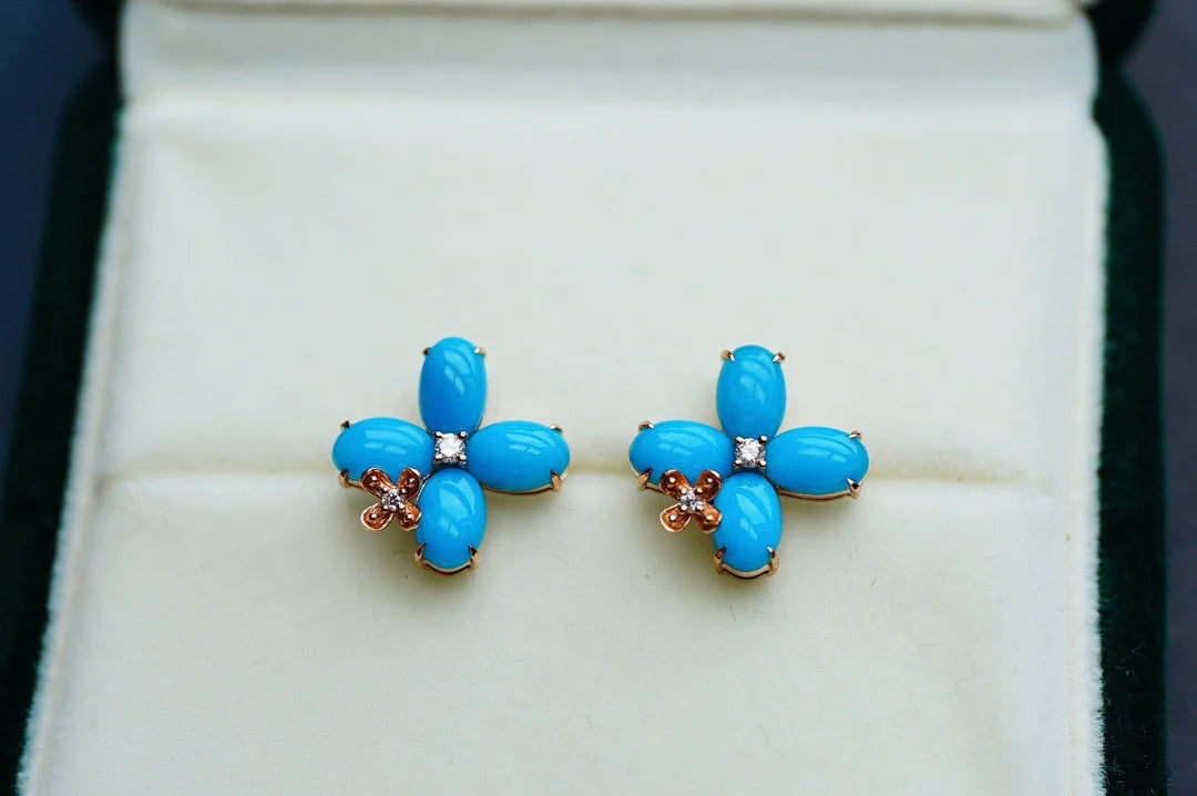 Earrings 18K Gold Blue Turquoise Tourmaline Stud Female's Holiday Gift