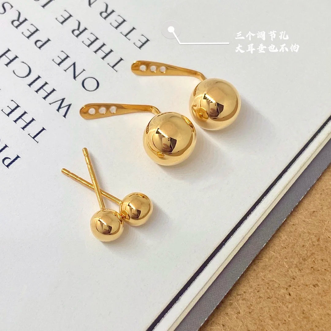 Earrings 18K Yellow Gold Chic Solid Ball Studs Female's