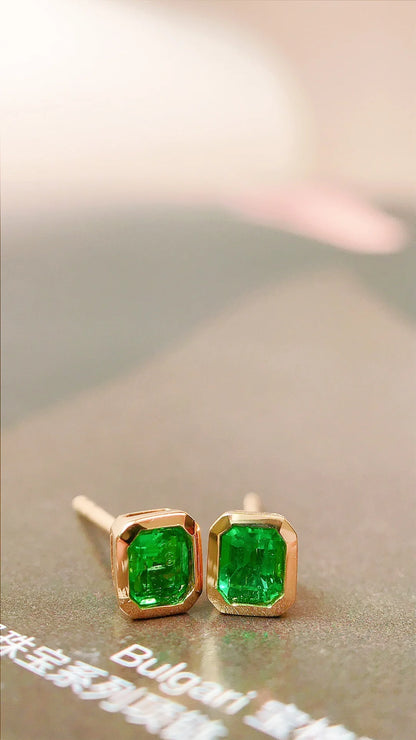 Earrings 18K Gold 0.34ct Green Emerald Diamonds Stud Female's Fine