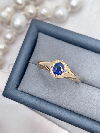 Ring 18K Gold 0.48ct Blue Sapphire Gemstones Diamonds Female's