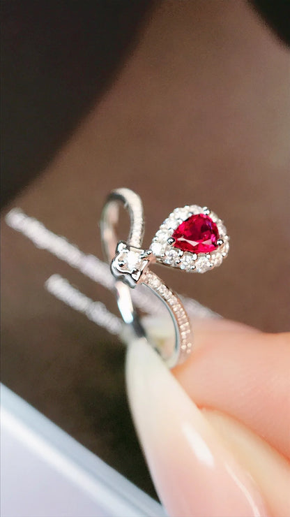 Ring 18K Gold 0.24ct Red Ruby Gemstones Diamonds Female's