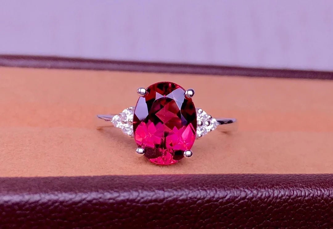 Ring 18K Gold 3ct Red Tourmaline Gemstones Diamonds Gift Female's