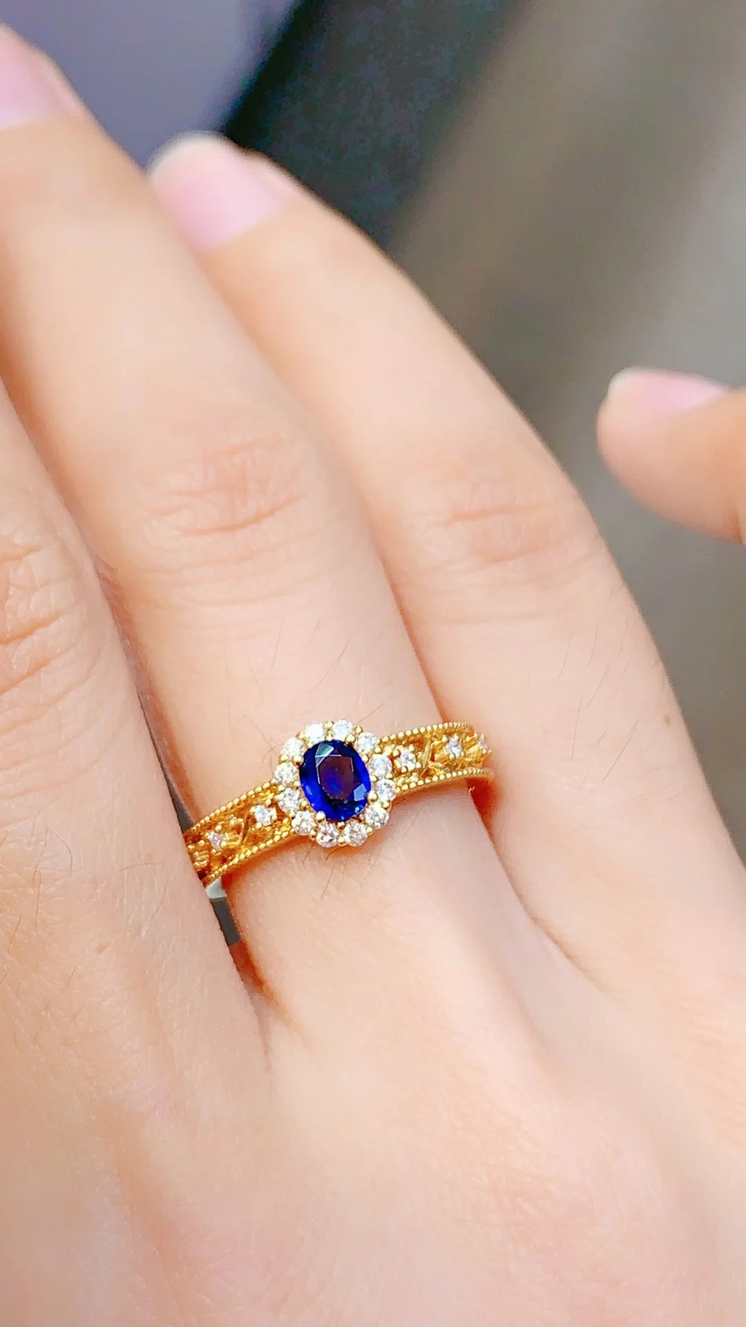 Ring 18K Gold 0.34ct Blue Sapphire Gemstones Diamonds Female's