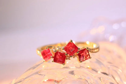 Ring 18K Gold 0.95ct Red Ruby Gemstones Diamonds Female Fine Jewelry