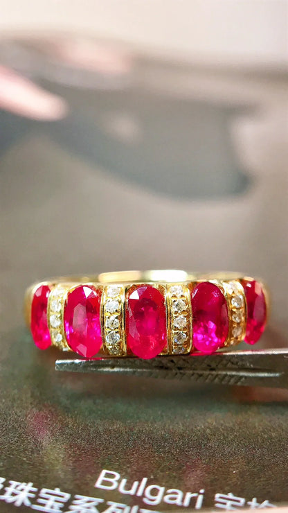 Ring 18K Gold 1.62ct Red Ruby Gemstones Diamonds Female's Fine