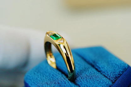 Ring 18K Gold 0.2ct Green Emerald Gemstones Male's Fine