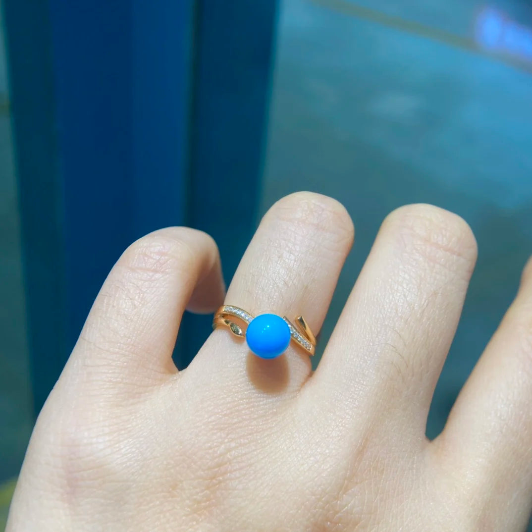 Ring 18K Gold 7mm Blue Turquoise Gemstones Diamonds Female Sporty