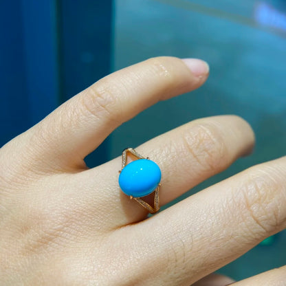 Ring 18K Gold 11*9mm Blue Turquoise Gemstones Diamonds Female Sporty