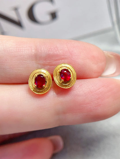 Earrings 18K Yellow Gold 0.4ct Red Ruby Stud Female's Fine Gift