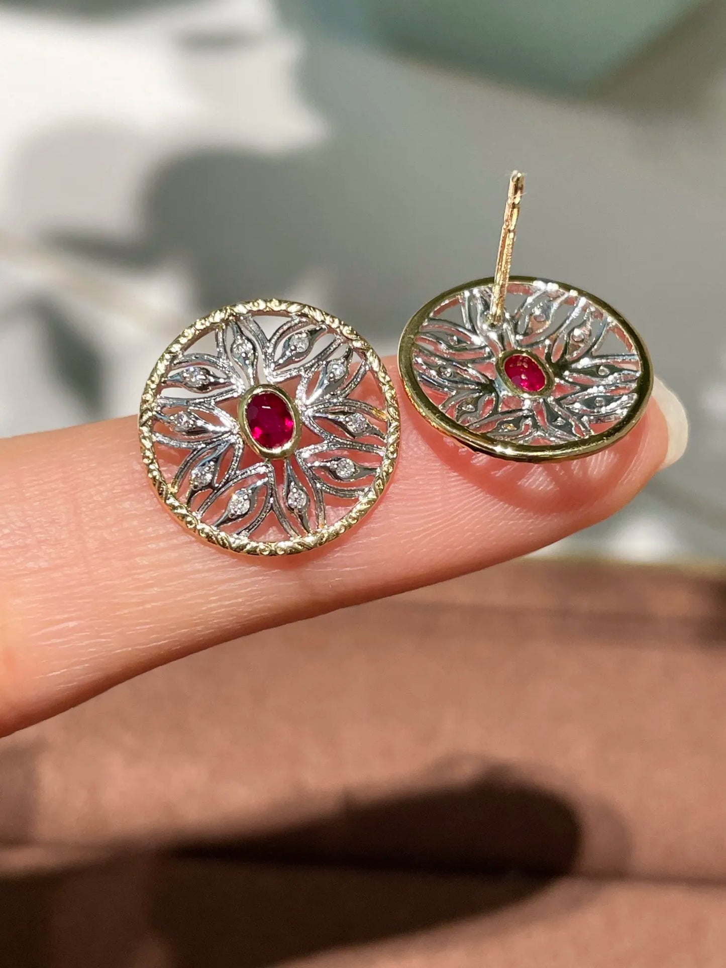 Earrings 18K White Gold 0.2ct Red Ruby Stud Female's Fine Gift