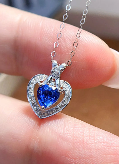 Necklace 18K White Gold 0.6ct Blue Sapphire Diamonds Pendant Female's