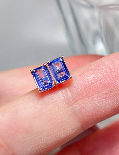 Earrings 18K White Gold 1ct Blue Tanzanite Stud Female's Fine