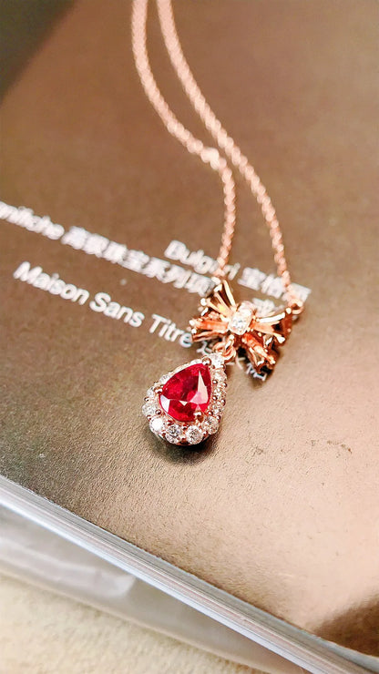 Necklace 18K Gold 0.34ct Red Ruby Diamonds Pendant Female's