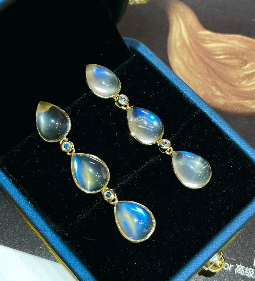 Earrings 18K Gold 13.3ct Moonstone Drop Female's Fine Gift