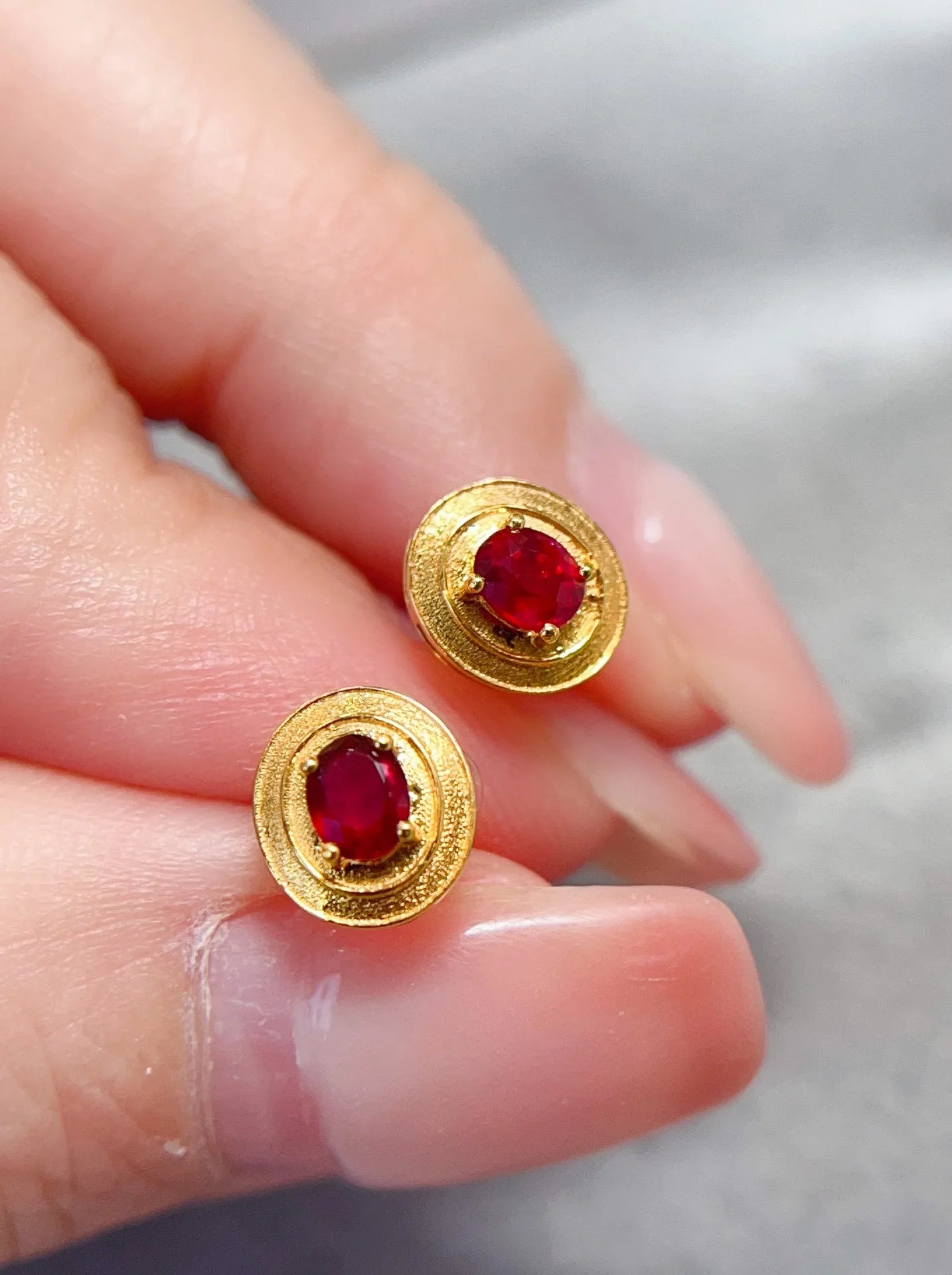 Earrings 18K Yellow Gold 0.4ct Red Ruby Stud Female's Fine Gift