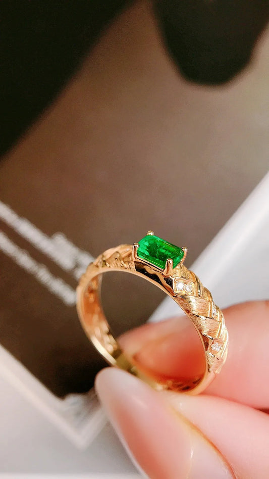 Ring 18K Gold 0.40ct Green Emerald Gemstones Diamonds Female Fine