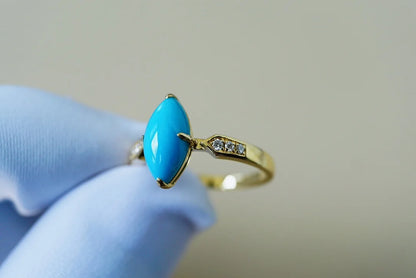 Ring 18K Gold 11.5*6.1mm Blue Turquoise Gemstones Diamonds Female Sporty