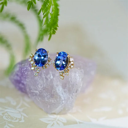 Earrings 18K White Gold 3.15ct Blue Tanzanite Stud Female's Fine