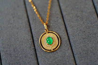 Pendant 18K Gold 0.3ct Green Emerald Gemstone Diamond Necklace for Women