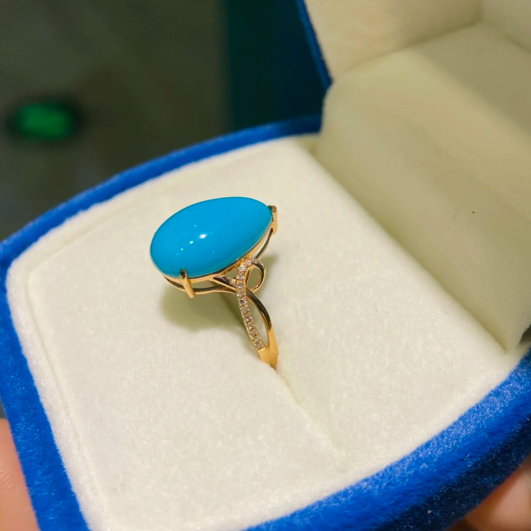 Ring 18K Gold 15.8x10.2mm Blue Turquoise Diamonds Female's