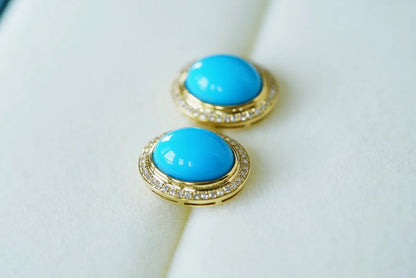 Earrings 18K Gold 9*7mm Blue Turquoise Drop Dangle Female's Fine Gift