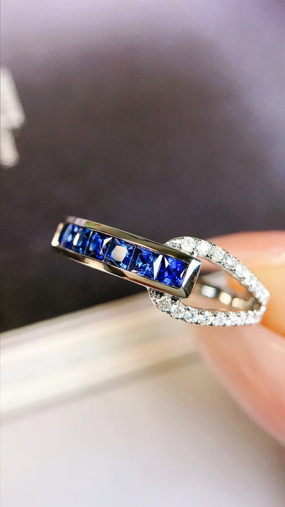 Ring 18K Gold 0.59ct Blue Sapphire Gemstone Diamonds Female Fine