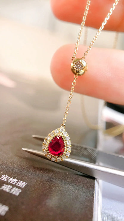 Necklace 18K Gold 0.40ct Red Ruby Diamonds Pendant Female's