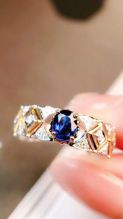 Ring 18K Gold 0.48ct Blue Sapphire Gemstones Diamonds Female's