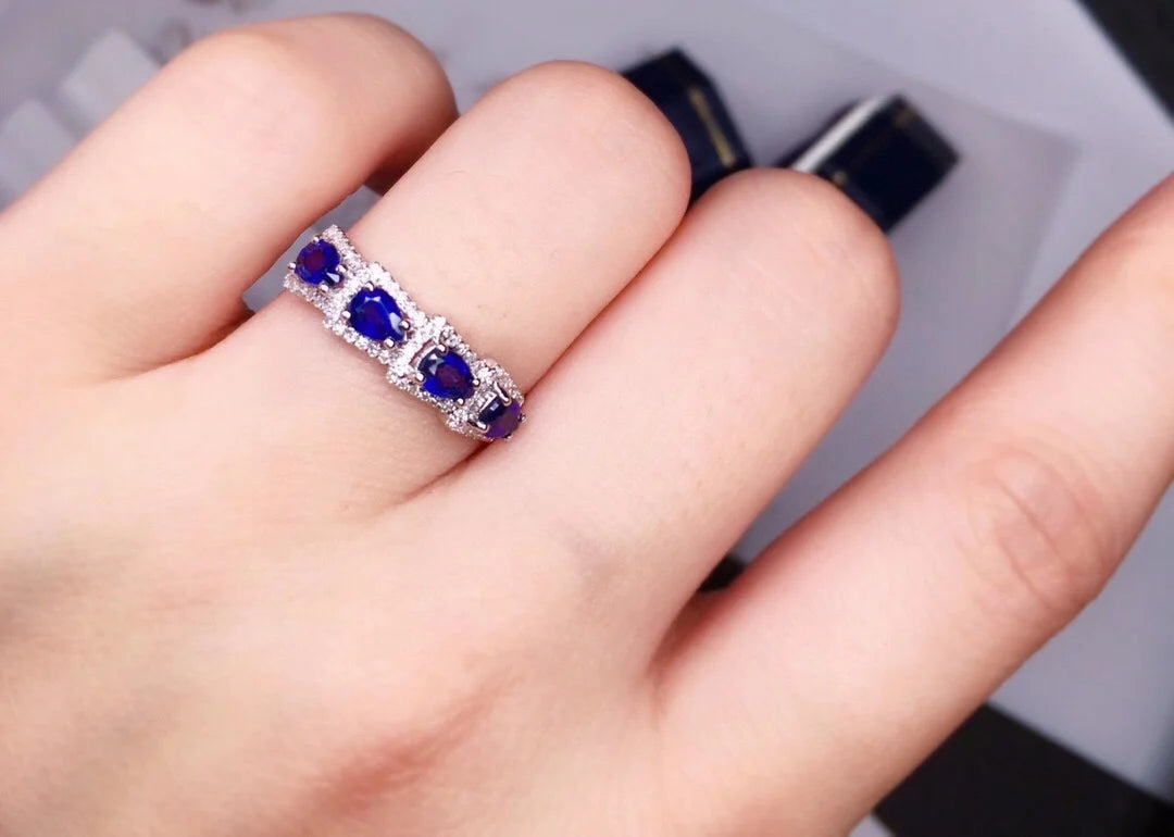 Ring 18K Gold 1.2ct Blue Sapphire Gemstones Diamonds Stone Female