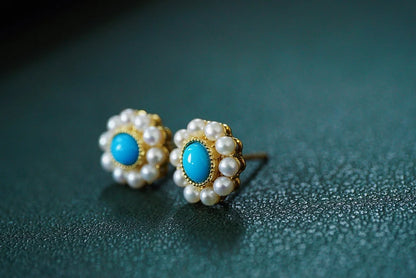 Earrings 18K Rose Gold Turquoise Pearls Gemstones Stud Female's Fine