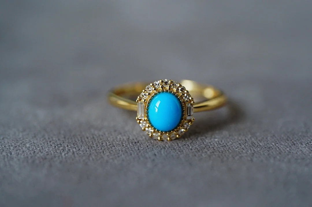 Ring 18K Gold 9.6*8.8mm Blue Turquoise Gemstones Diamonds Female's