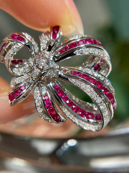 Brooch 18K White Gold 1ct White Diamond Red Ruby Women's SX2024