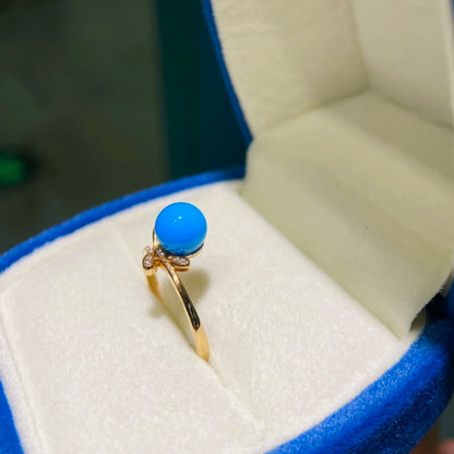 Ring 18K Gold Blue Turquoise Gemstones 7.1mm Diamonds Female