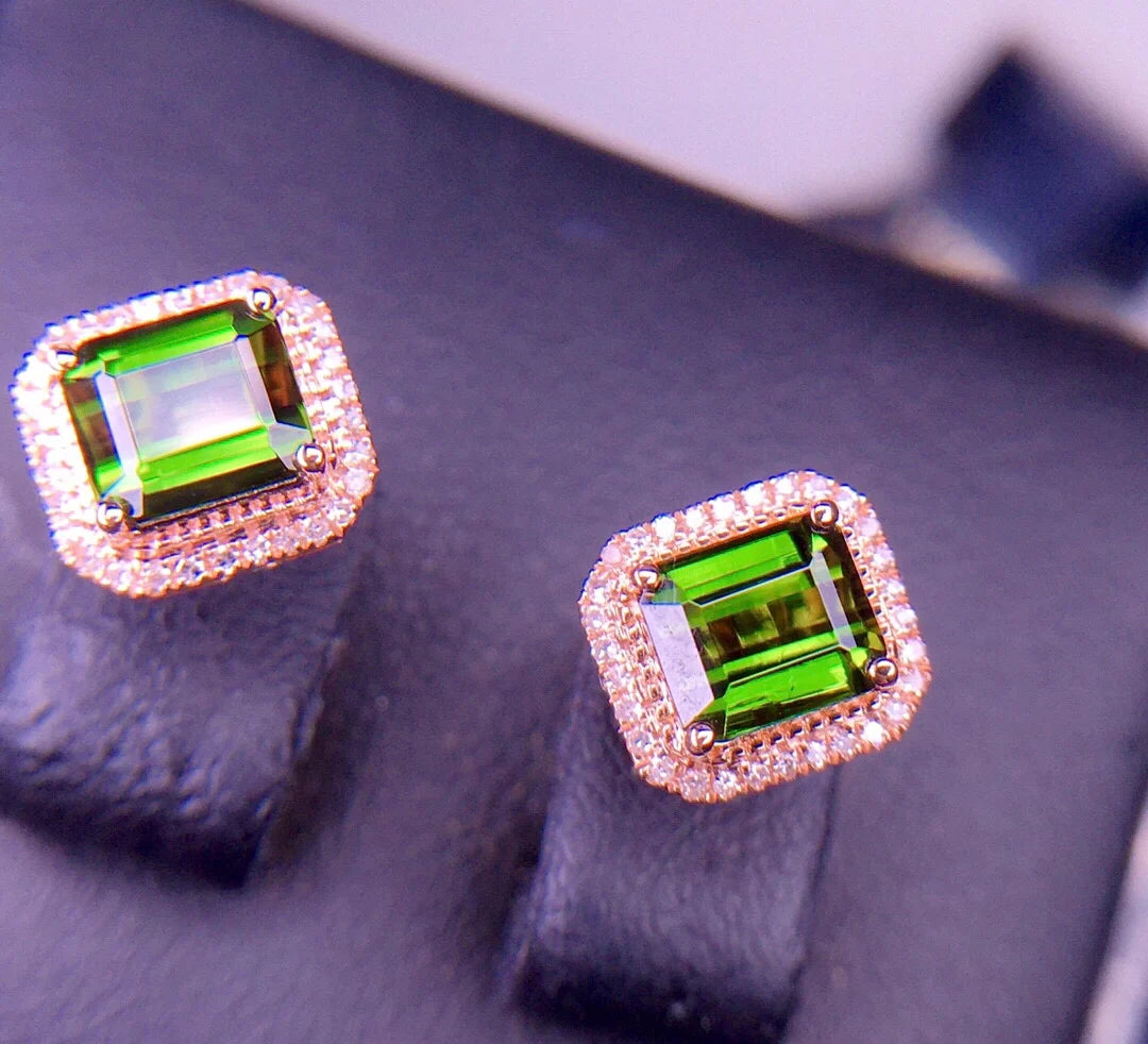 Earrings 18K Rose Gold 2ct Green Tourmaline Diamonds Female's