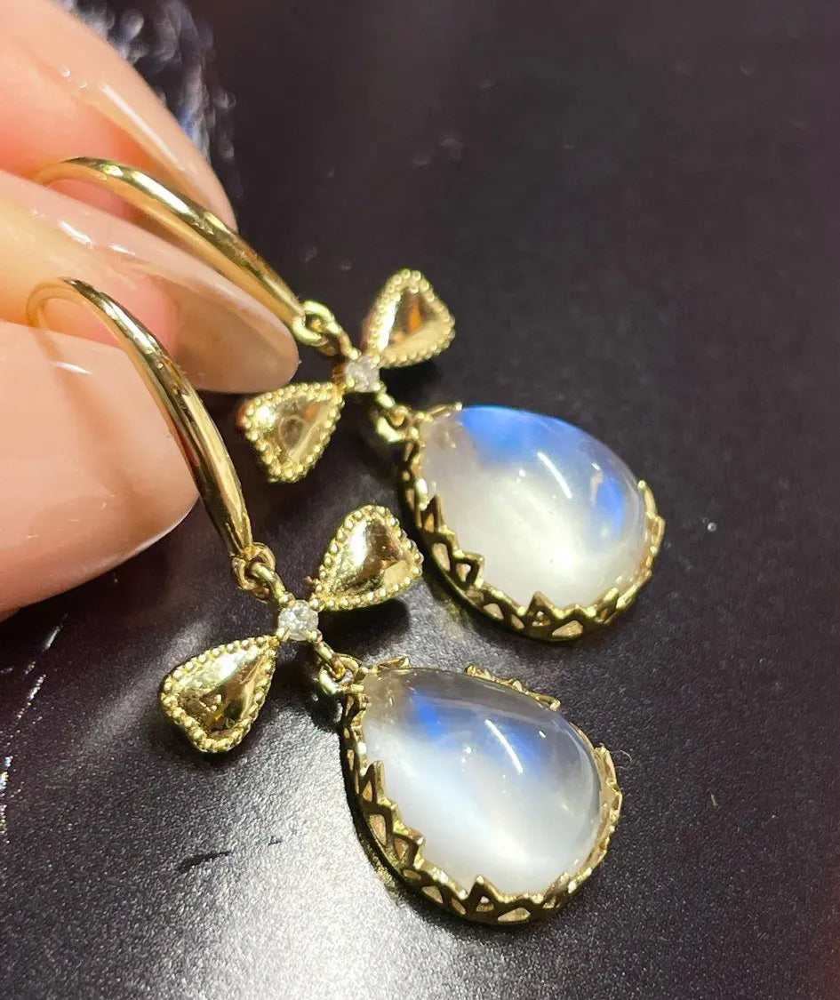 Earrings 18K Gold 5.56ct Moonstone Drop Gemstones Female's Fine Gift