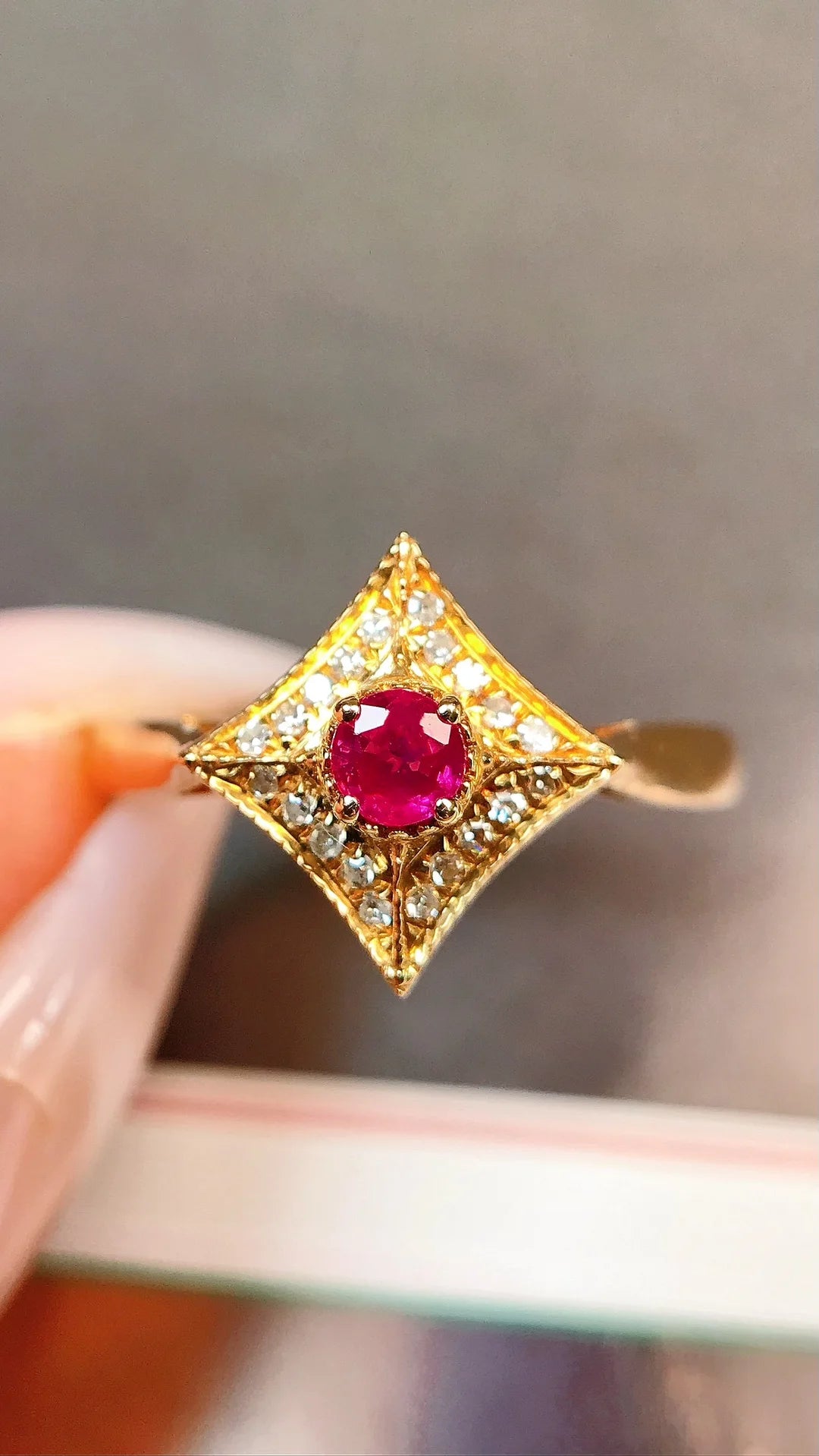 Ring 18K Gold 0.2ct Red Ruby Diamonds Female Anniversary Fine Jewelry