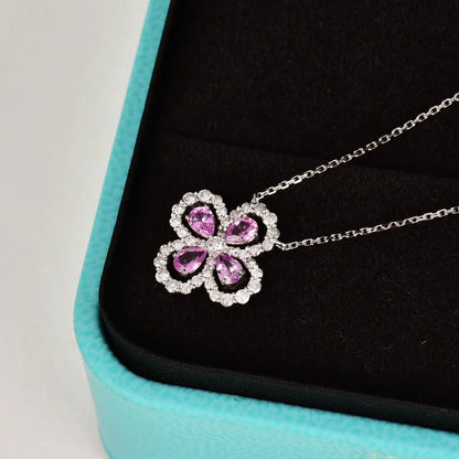 Necklace 18K White Gold Pink Sapphire Diamonds Pendant Female's