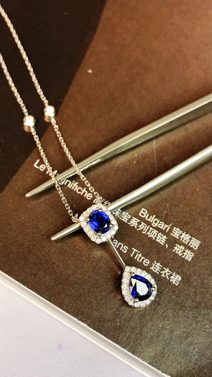 Necklace 18K White Gold 0.93ct Blue Sapphire Diamonds Pendant Female's