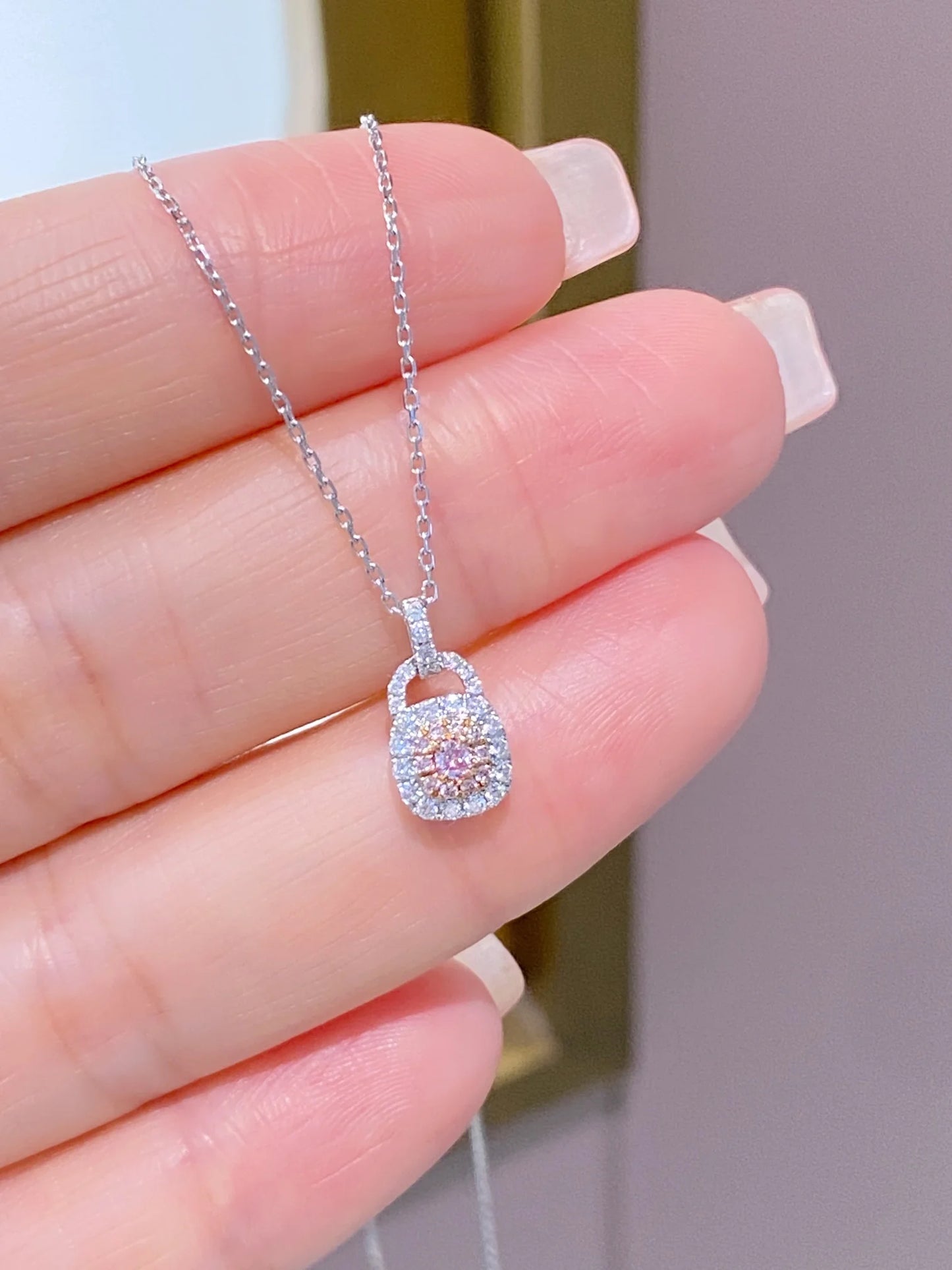 Necklace 18K Gold 0.045ct Pink Diamonds Pendant Female's