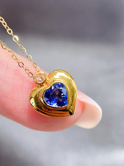 Necklace 18K Yellow Gold 0.7ct Blue Sapphire Diamonds Pendant Female's