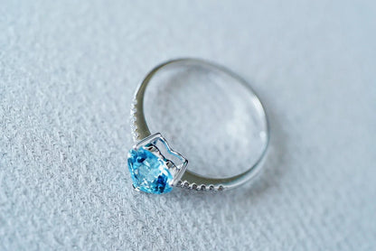 Ring 18K Gold 1ct Blue Aquamarine Gemstones Diamonds Anniversary Female's