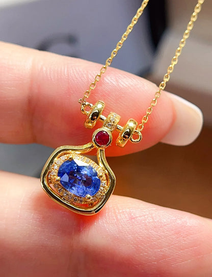 Necklace 18K Yellow Gold 1ct Blue Sapphire Diamonds Pendant Female's