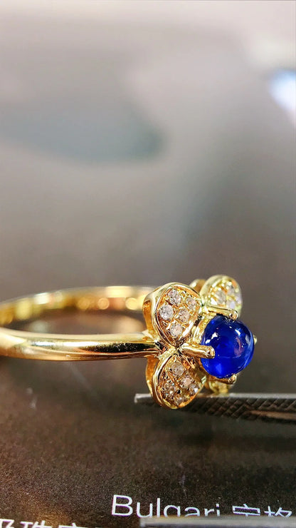 Ring 18K Gold 0.42ct Blue Sapphire Gemstone Diamonds Stone Female