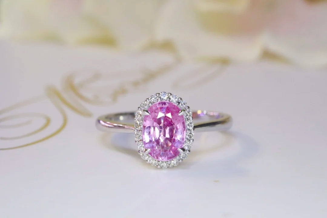 Ring 18K Gold 1.26ct Pink Padparadscha Sapphire Gemstones Diamonds Female's