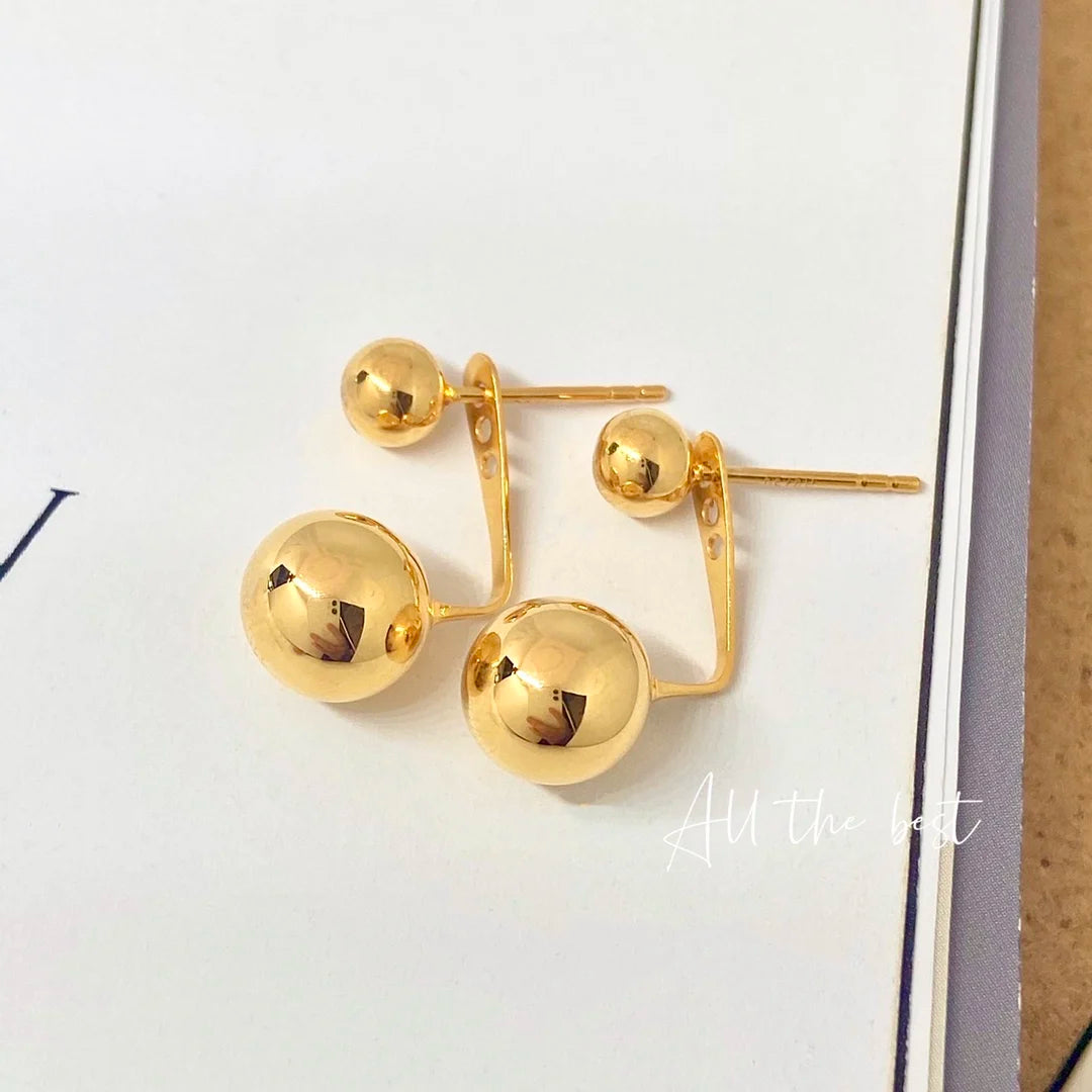 Earrings 18K Yellow Gold Chic Solid Ball Studs Female's