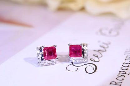 Earrings 18K White Gold 0.55ct Red Ruby Stud Female's Fine Jewelry