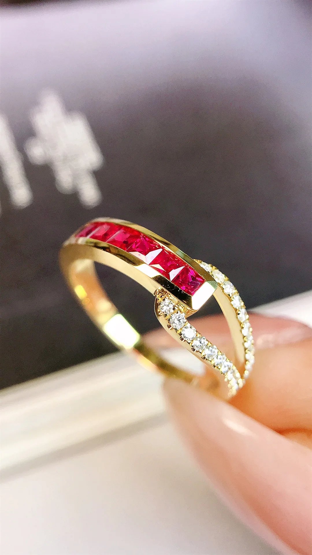 Ring 18K Gold 0.53ct Red Ruby Gemstones Diamonds Female Fine Jewelry